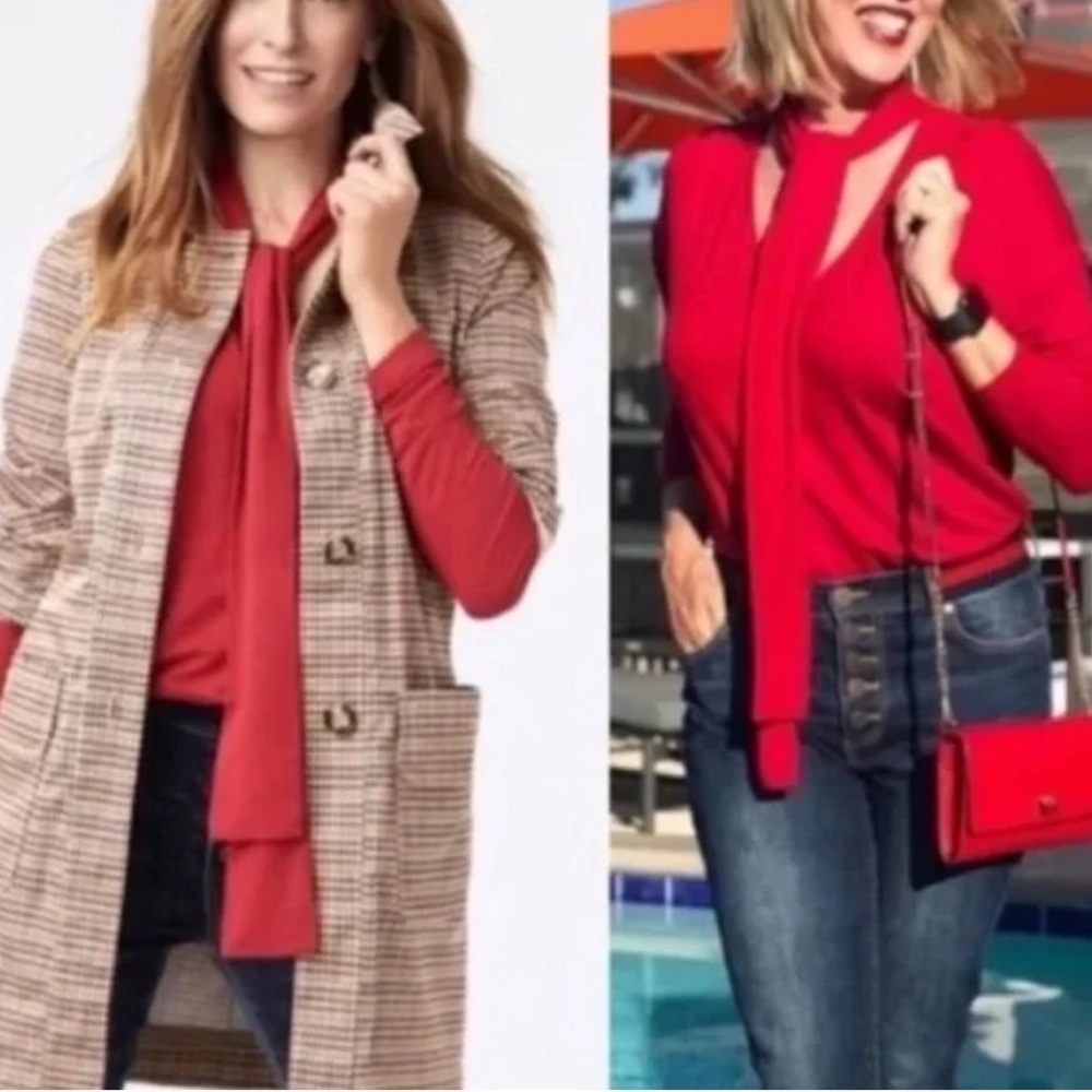 CABI TESS #3804 red tie neck classic core corpcore wardrobe staple tunic top XS